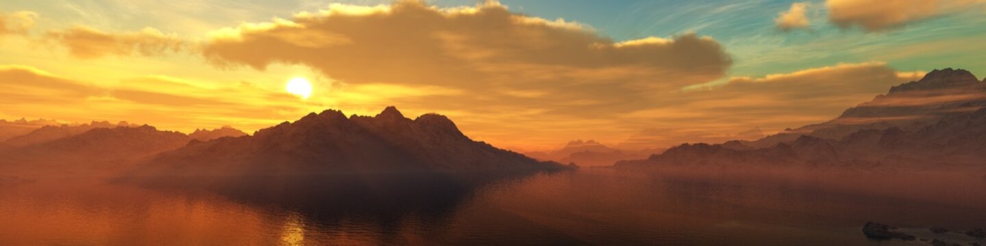 beautiful sea sunset, panorama of the ocean under the sky, 3d rendering
