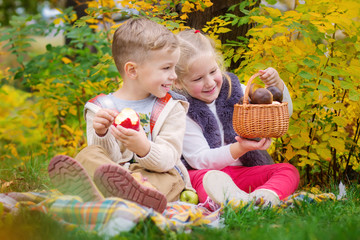Naklejka na ściany i meble Two happy kids in an autumn park at a picnic
