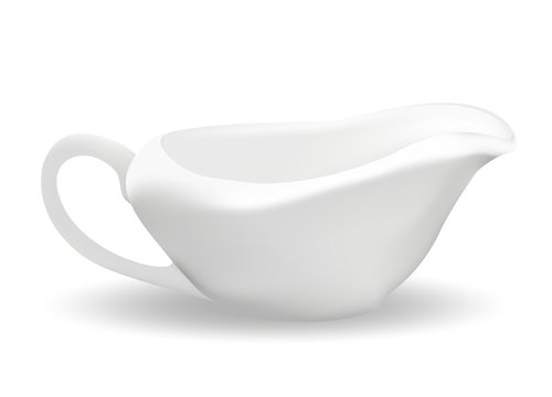 White ceramic sauceboat for sauce. 3d realistic style. Saucers. Isolated on white background. Empty dishes. Vector illustration