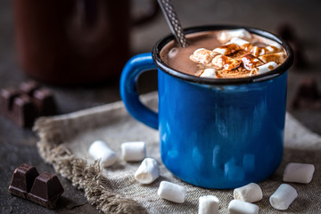 hot chocolate with little marshmallows in metal circles for mescaline - obrazy, fototapety, plakaty
