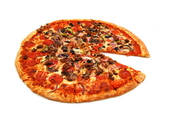 colorful tasty pizza with olives, pepperoni, ham and pepper, slice removed close-up shot, isolated on a white background