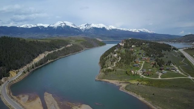 Aerial Dillon Colorado lake luxury homes cliff shore. Dillon was built as a stage stop and trading post and mining town. West of Denver. Winter and summer resort and recreation area.