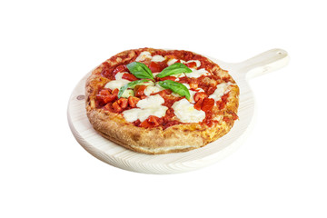 italian gourmet pizza on wooden chopping board. Focaccia with tomato sauce, basil and mozzarella
