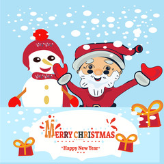Merry Christmas and Happy New Year. Illustration of deer and snowman
