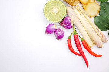Top view herbs,spice on white background and copy space