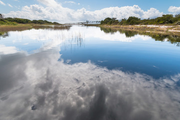 Landscape with reflecting clouds in lake water