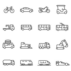 Ground transportation icons set, linear design. Line with Editable stroke