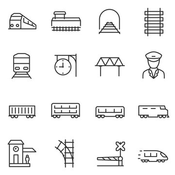 train and railways icon set. intercity, international, freight trains, linear icons. Line with editable stroke