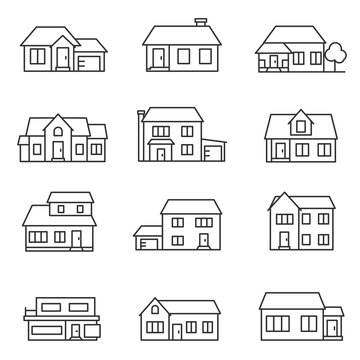 house set. collection of buildings, linear design. Line with editable stroke