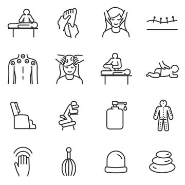 Massage linear icons set. relaxing spa and medical massage of various parts of the body, acupuncture.Line with editable stroke