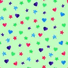 Watercolor hearts and stars pattern. For design, print or background