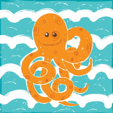 Orange Octopus in a Blue Waves