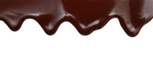 Close up of chocolate syrup leaking on white background