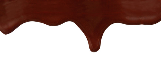 Close up of chocolate syrup leaking on white background