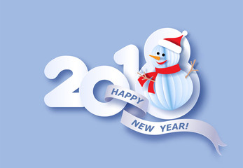 Paper cut design and craft digit 2018 with Snowman. Holiday New year card. Vector illustration