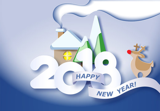Color paper cut design 2018 and craft winter landscape with evergreen tree, house with smoke from chimney and deer. Vector illustration. Happy new year card.