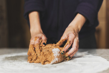 The girl is kneading the dough on Christmas gingerbread cookies