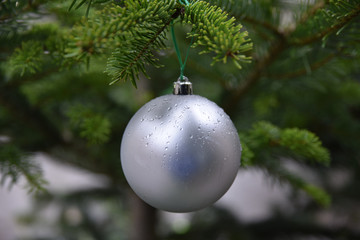 Boule de Noël argentée dans sapin vert