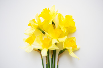 Yellow bouquet of daffodils lying on white table.