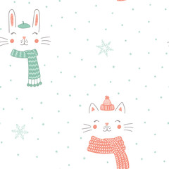 Hand drawn seamless vector pattern with cute animal faces in warm hats, mufflers, on a white background with snowflakes. Design concept for Christmas, winter, textile print, wallpaper, wrapping paper.