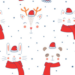 Hand drawn seamless vector pattern with cute animal faces in Santa hats, mufflers, on a white background with stars. Design concept for Christmas, winter, textile print, wallpaper, wrapping paper.