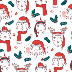 Hand drawn seamless vector pattern with cute animal faces in Santa hats, mufflers, on a white background with holly. Design concept for Christmas, winter, kids textile print, wallpaper, wrapping paper