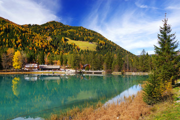 Fototapeta premium Panorama of Lago di Dobiacco lake in Italy