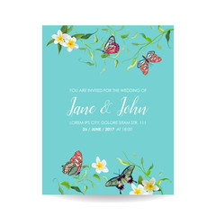 Wedding Invitation Template Tropical Design with Exotic Butterflies and Flowers. Save the Date Floral Card. Vector illustration