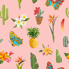 Fototapeta premium Tropical Flowers and Butterflies Background. Floral Seamless Pattern with Cactus and Pineapple. Vector illustration
