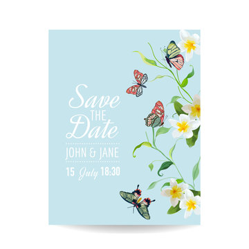 Wedding Invitation Template Tropical Design with Exotic Butterflies and Flowers. Save the Date Floral Card. Vector illustration