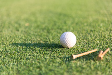 Golf ball and tee on green grass background.