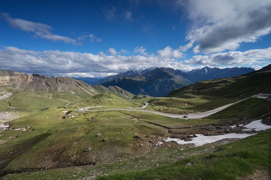 Panoramatic Picture of Grossglockner high alpine road, in german language Hoch alpen strasse.  Highest surfaced mountain pass road in Austria named after the Grossglockner, Austria's highest mountain.