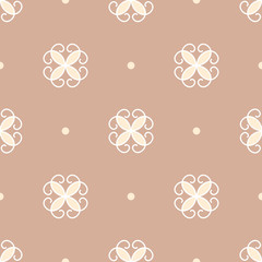 Seamless pattern. Stylized flowers and points on a pastel light brown background. Traditional ornament. Vector EPS10 illustration