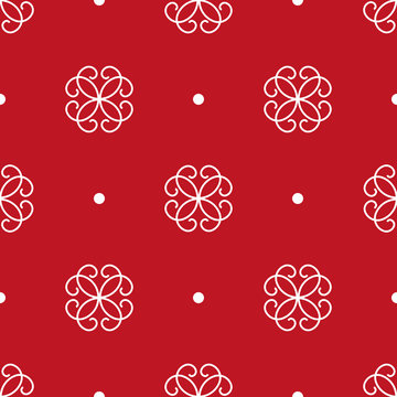 Seamless pattern. Stylized white flowers and points on the bright red background. Traditional ornament. Vector EPS10 illustration