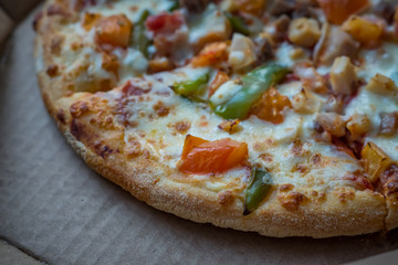closeup of Pizza in a cardboard box , pizza delivery