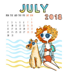 Calendar 2018, July month. Season girl with dog . Vector illustration