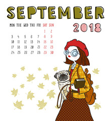 Calendar 2018, september month. Season girl with dog . Vector illustration