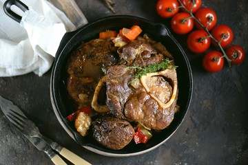 Ossobuko beef with onions, carrots, celery, white wine and thyme.