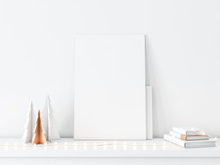 Vertical Canvas with Paper Christmas Trees and garland lamps, 3d rendering