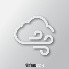 Cloud and wind icon in white style with shadow isolated on grey background.