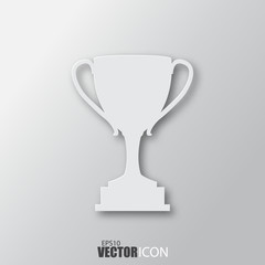 Trophy icon in white style with shadow isolated on grey background.