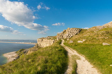 Fototapeta premium South West Coast Path on the Isle of Portland, looking towards Fortuneswell and Chesil Beach with Weymouth in the background, Jurassic Coast, Dorset, UK