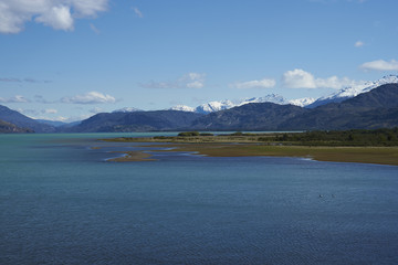 Landscape along the Carretera Austral next to the azure blue waters of Lago General Carrera in Patagonia, Chile