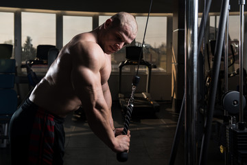 Fototapeta na wymiar Bodybuilder Doing Heavy Exercise For Triceps With Cable