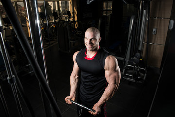 Bodybuilder Doing Heavy Weight Exercise For Biceps