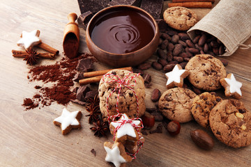 Christmas homemade gingerbread cookies star shaped on wooden table.