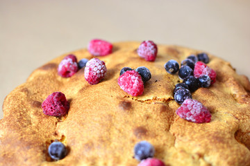 Appetizing pie with berries. A piece of very tasty home-made pie. Charlotte with apples, decorated with berries.