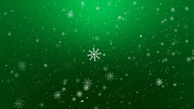Winter Snowflakes Green background Loop. Christmas animated card with shiny Christmas tree on green background with snow falling, seamless loop motion graphic, 10 seconds duration.
