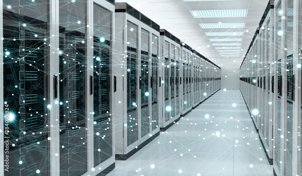 Wall mural server room center exchanging cyber datas 3d rendering