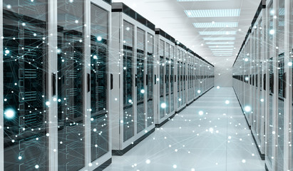 Server room center exchanging cyber datas 3D rendering